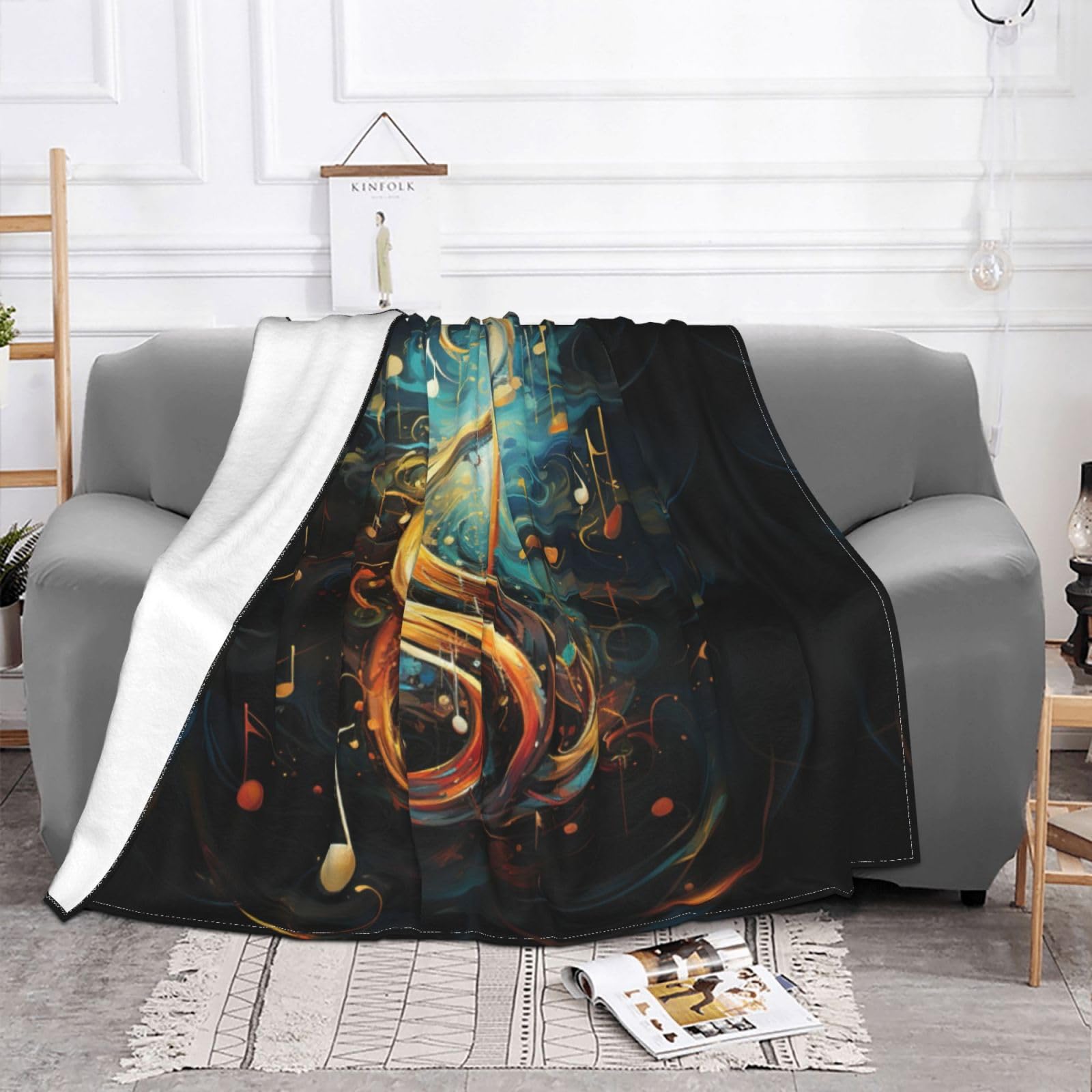 Coperta decorativa morbida e calda in flanella per bambini, cane, gatto, 127 x 152 cm, stampa con simboli musicali