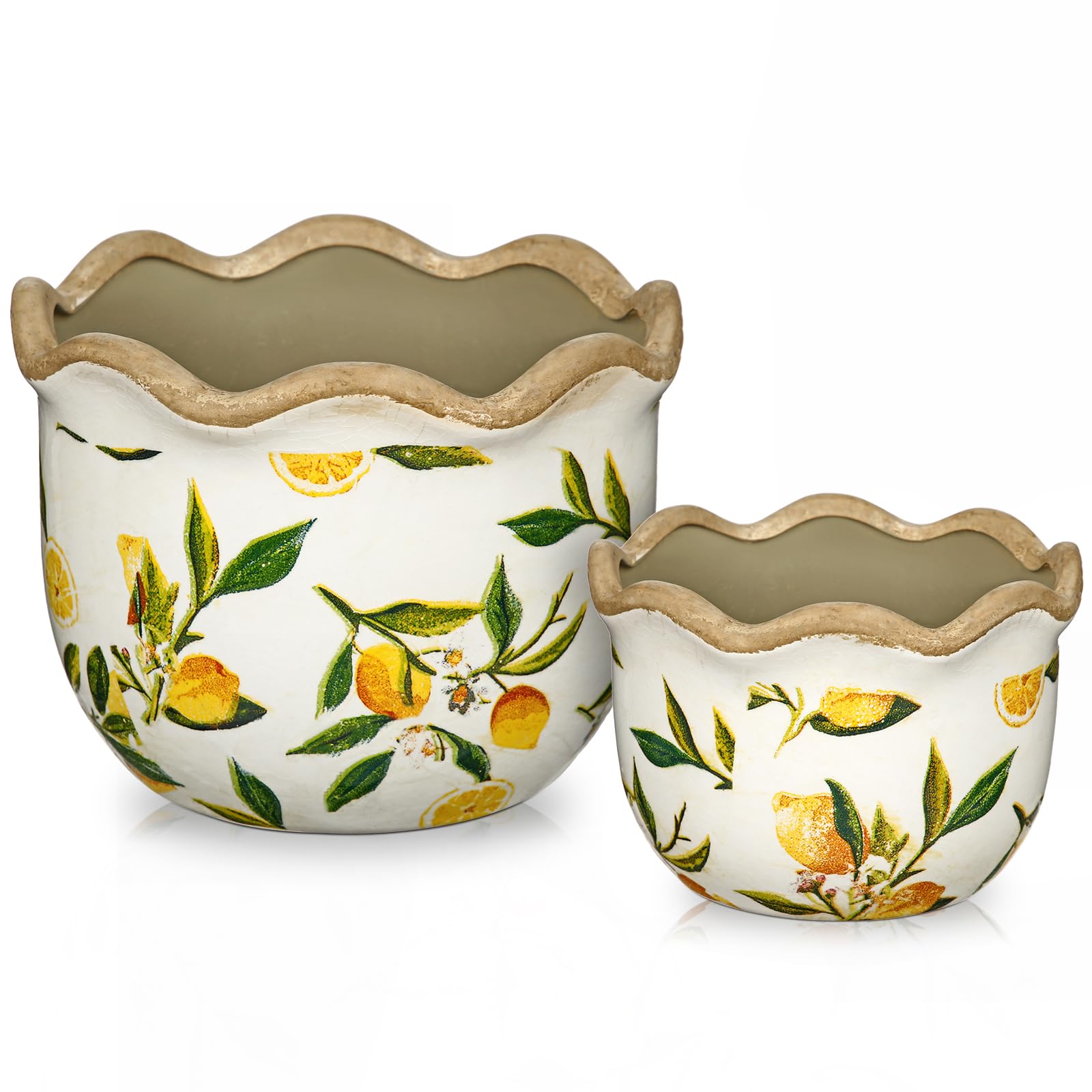 2er Set Keramik Blumentöpfe mit Vintage Zitronenmuster Wellenkanten-Design mit Drainageloch-Untersetzern für Zimmerpflanzen/Sukkulenten, Retro-Dekoration für Gartenbehälter-Sets im Freien, 17cm/14cm