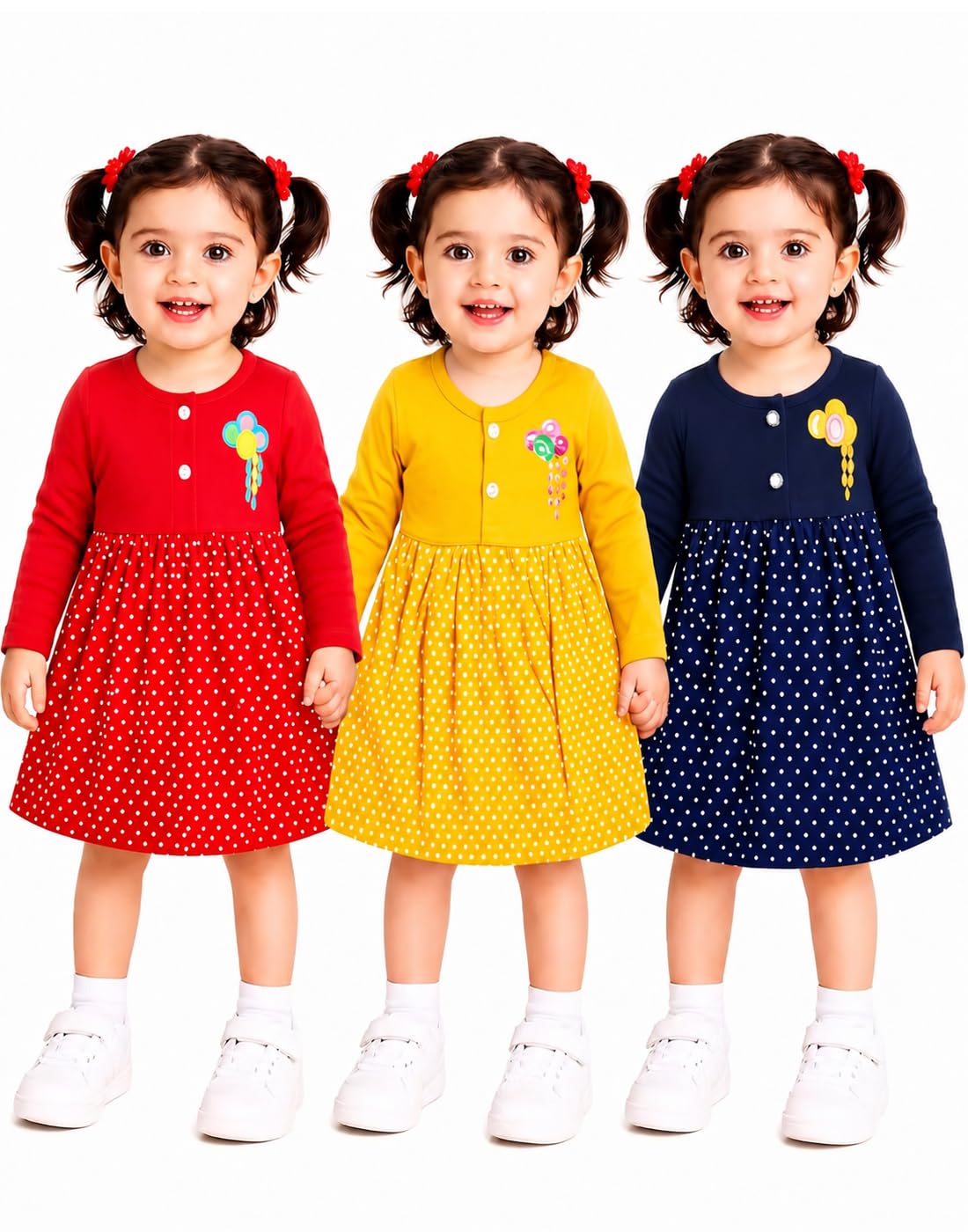 Baby Girls Pure Cotton fit and Flare Knee Length fullsleeves Frock Dresses Pack of 3-image-27
