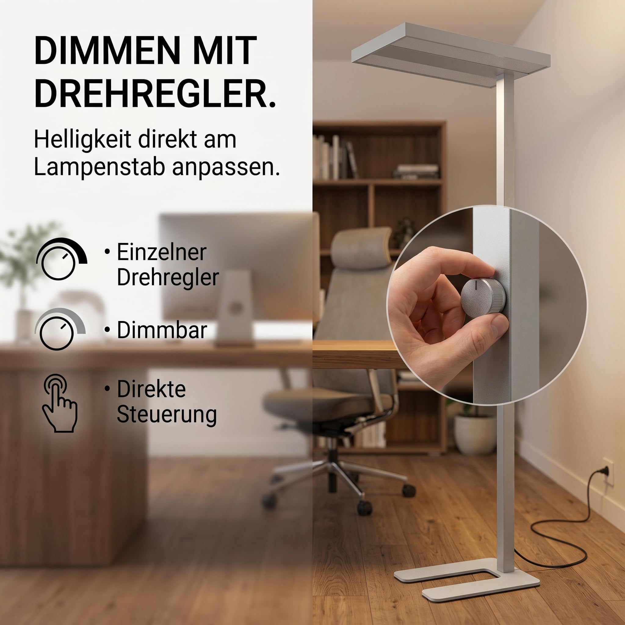 LED Büroleuchte Stehleuchte Arbeitsplatzleuchte für das Arbeitszimmer Bürolampe aus Alu, dimmbar, 4.000K Neutralweiß, 8.000lm, 60W, UGR< 19 blendfrei, Up & Down (grau)