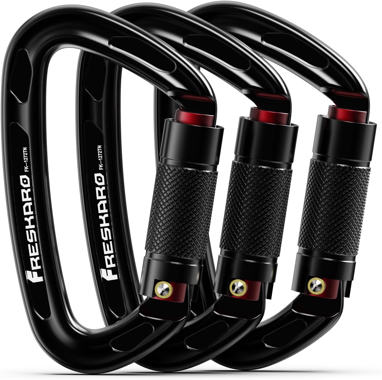 FresKaro CE and UIAA Certified Climbing Carabiners, 25kN/2550kg, Twist Lock, Suit for Rock Climbing, Rappelling, Camping, Dog Leash, Hammock, Swing, Yoga etc, D Shaped, Large Size, Black