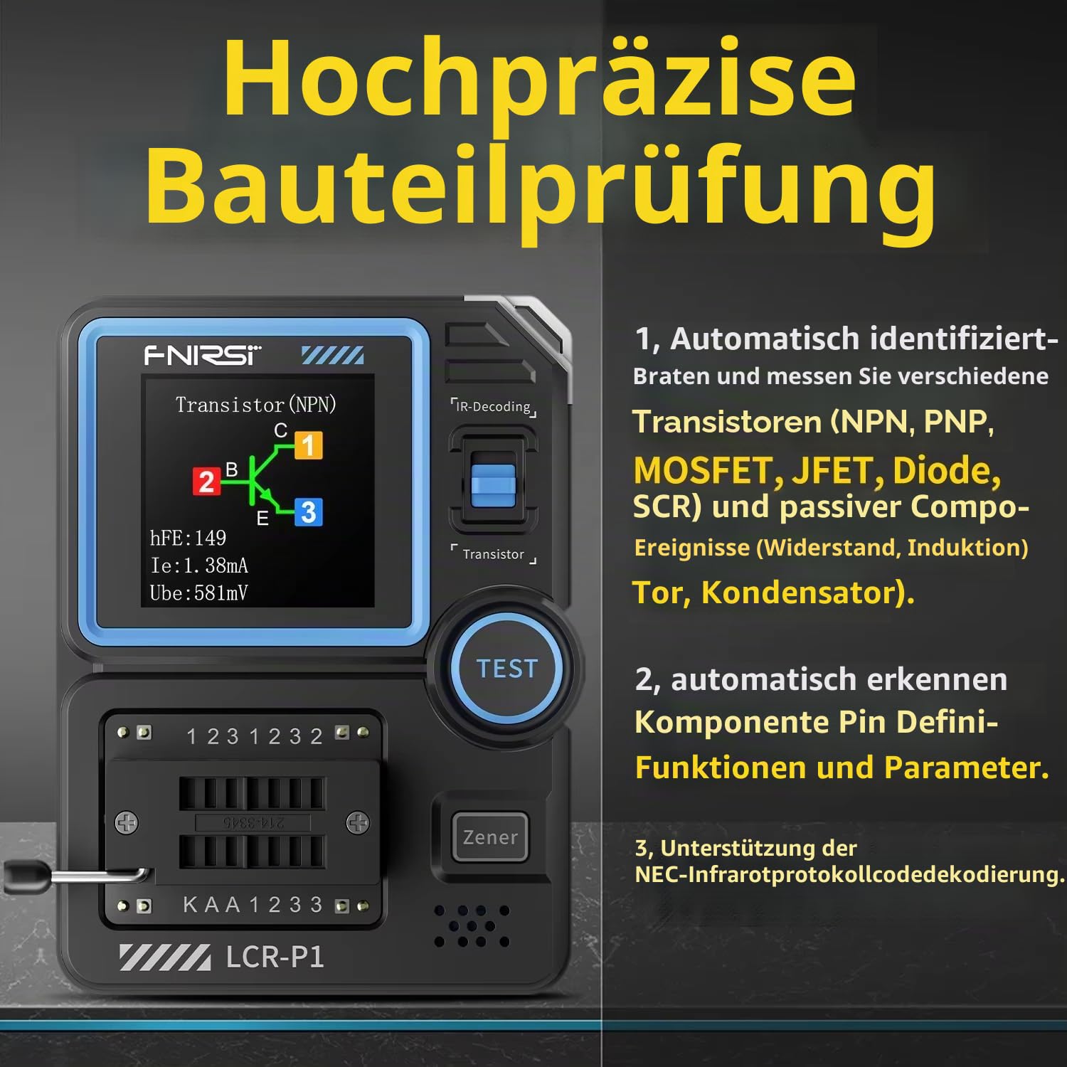 LCR-P1 Transistor-Tester, Multifunktions-Infrarot-NPN-PNP-MOSFET-Tester, 1,44-Zoll-Farbbildschirm USB Typ-C, Diode Transistor Kondensator LCR Widerstand ESR Messgerät, Transistor