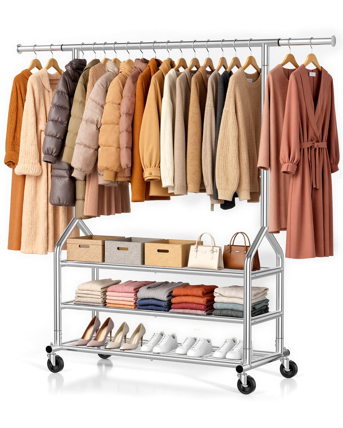 EAGMAK Heavy Duty Clothes Rail Load 311 KG, Rolling Clothing Rail with 3 Sotrage Shelves, Height Adjustable Metal Coat Racks, Portable Garment Wardrobe with Wheels for Hanging Clothes, Silver