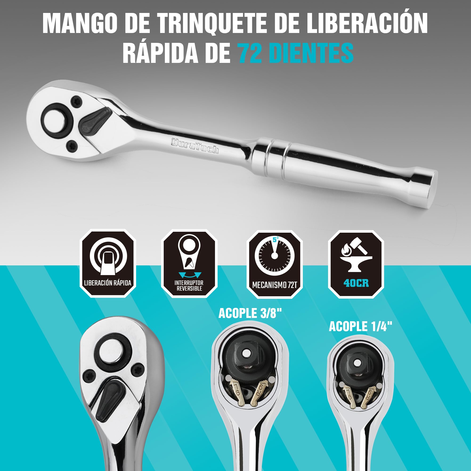 DURATECH 121 Piezas Juego de Herramientas Mecánicas, Set de Llaves de Vaso, 1/4" y 3/8", Carraca de 72 Dientes, Acero al Cr-V, con Caja, Incluye Destornillador y Puntas