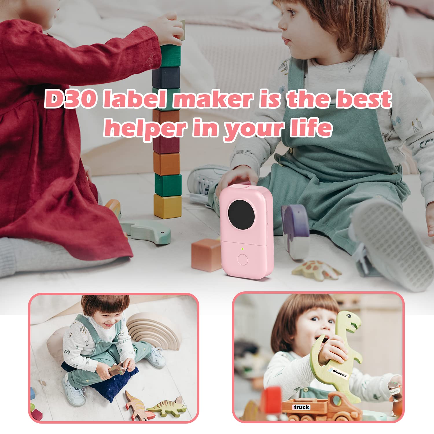 Phomemo D30 Bluetooth Etikettendrucker - Beschriftungsgerät Selbstklebend Mini Etikettiergerät,Label Printer mit 5 Rollen etikettenpapier Geschenkbox,Labelmaker Geeignet für Haushalt und Büro - Rosa