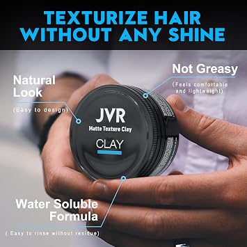 JVR Hair Clay for Men and Women, Medium Hold Matte Finish, 2.86 oz | Texturizing Clay, Natural and Organic Ingredients, Easy washout, Flexible styling, All hairstyles, Hair Product