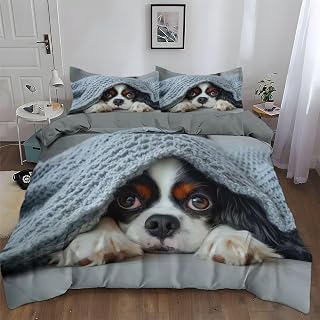 Bedding Set Animal Cavalier King Charles Spaniel Comforter Duvet Covers, 3D Printed Full Size Soft Cozy Microfiber Quilt Cover Slate Gray Bedding 3Pcs, for Kids and Adults with Pillowcase