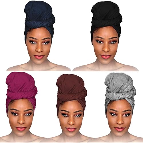fani 5 Pieces Stretch Jersey Head Wrap Stretchy Knit Turban Headwraps Urban Long Hair Head Wrap Scarf Turban Tie Solid Color Breathable Ultra Soft Extra Long African Wrap Scarf Turban for Women