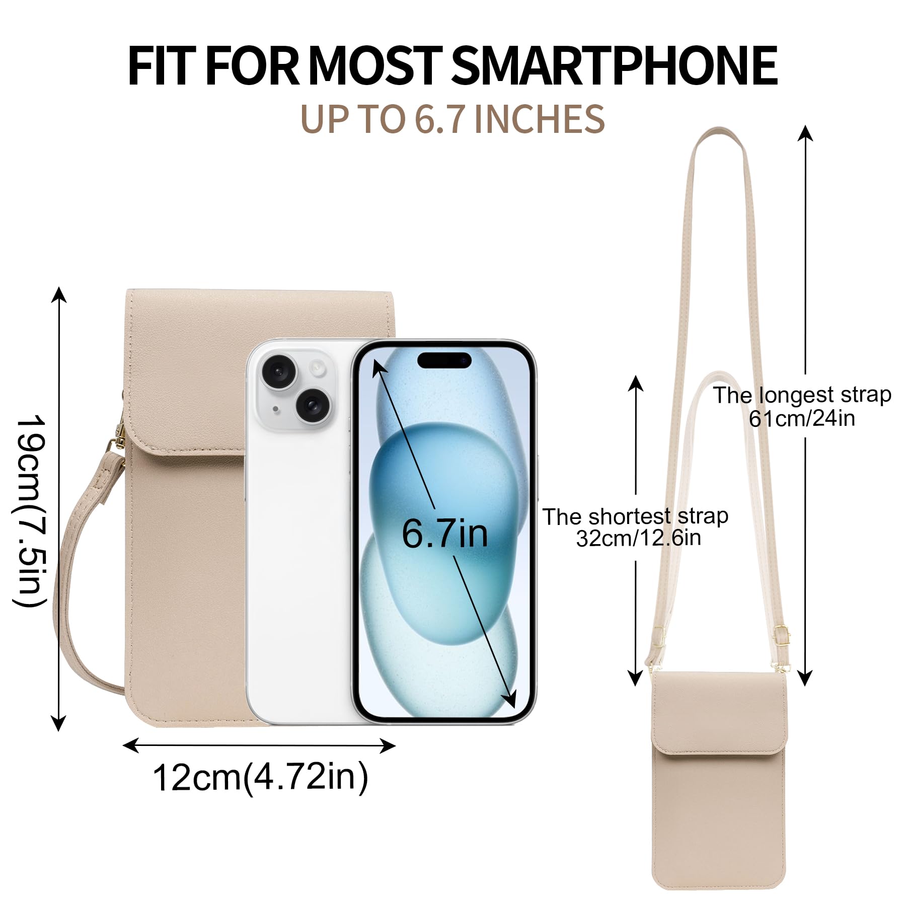 Toptime Small Crossbody Bags for Women, Cell Phone Purse Leather Wallet with Adjustable Strap, Clear Touch Screen Phone Bag for Most Smartphones, Lightweight Mini Women's Crossbody Handbags Beige