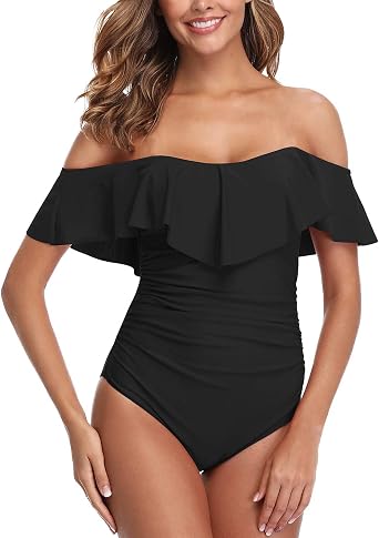 ZINPRETTY Womens Retro One Piece Bathing Suit Tummy Control Off Shoulder Swimsuit Flounce Ruffled Monokini Full Coverage