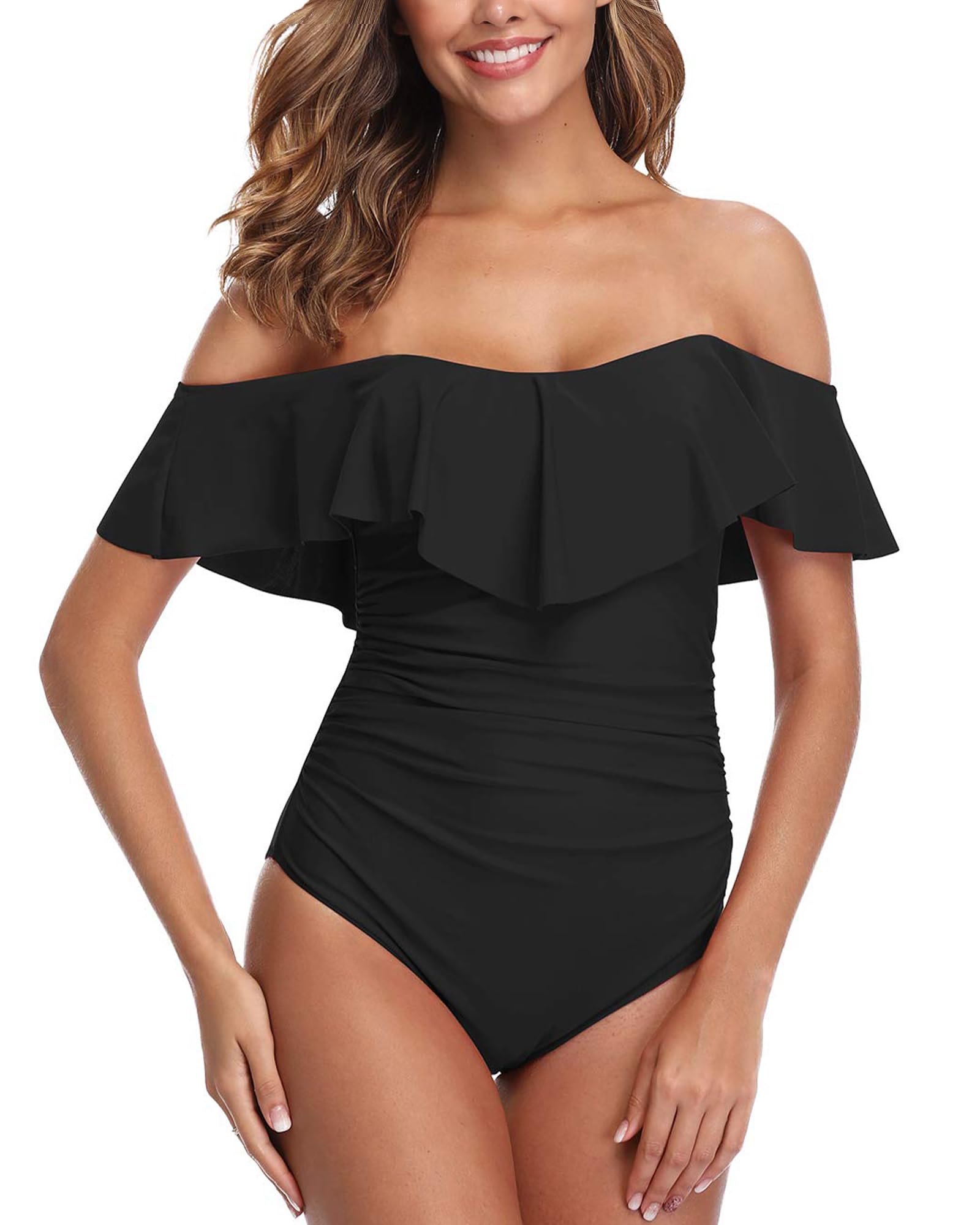 ZINPRETTY Womens Retro One Piece Bathing Suit Tummy Control Off Shoulder Swimsuits Flounce Ruffled Monokini, Black Swimsuit, Large