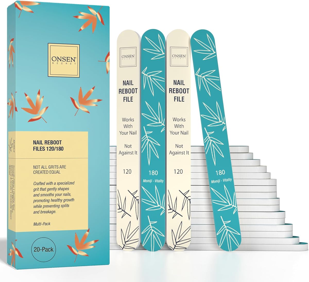 Lima de uñas japonesa Onsen Secret - Paquete de 20 limas de uñas profesionales, limas naturales y acrílicas de doble cara - Grano 120/180 - Desechable, suave para salón | La mejor lima Onsen para uñas brillantes