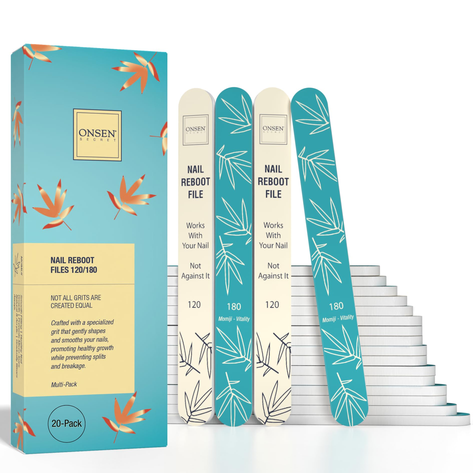 Onsen Secret Japanese Nail File - Professional 20-Pack Nail Files, Double Sided Natural & Acrylic Filers - 120/180 Grit - Disposable, Salon Smooth | Best Onsen File for Shiny Nails