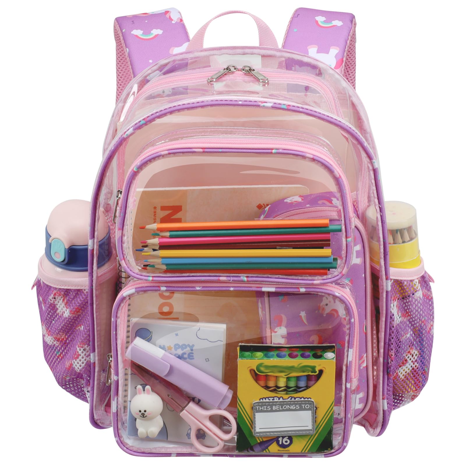 Clear Backpack for Girls - 15 Inch Heavy DutyTransparent Kids Backpacks for School PVC Bookbag with 2 Front