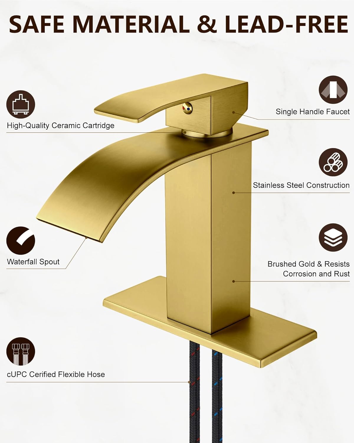 Midanya Bathroom Faucet with Waterfall Spout, Single Hole or 3-Hole Deck Mount, 304 Stainless Steel Sink Faucet with Pop-Up Drain, RV Vanity Compatible,Gold - Image 6