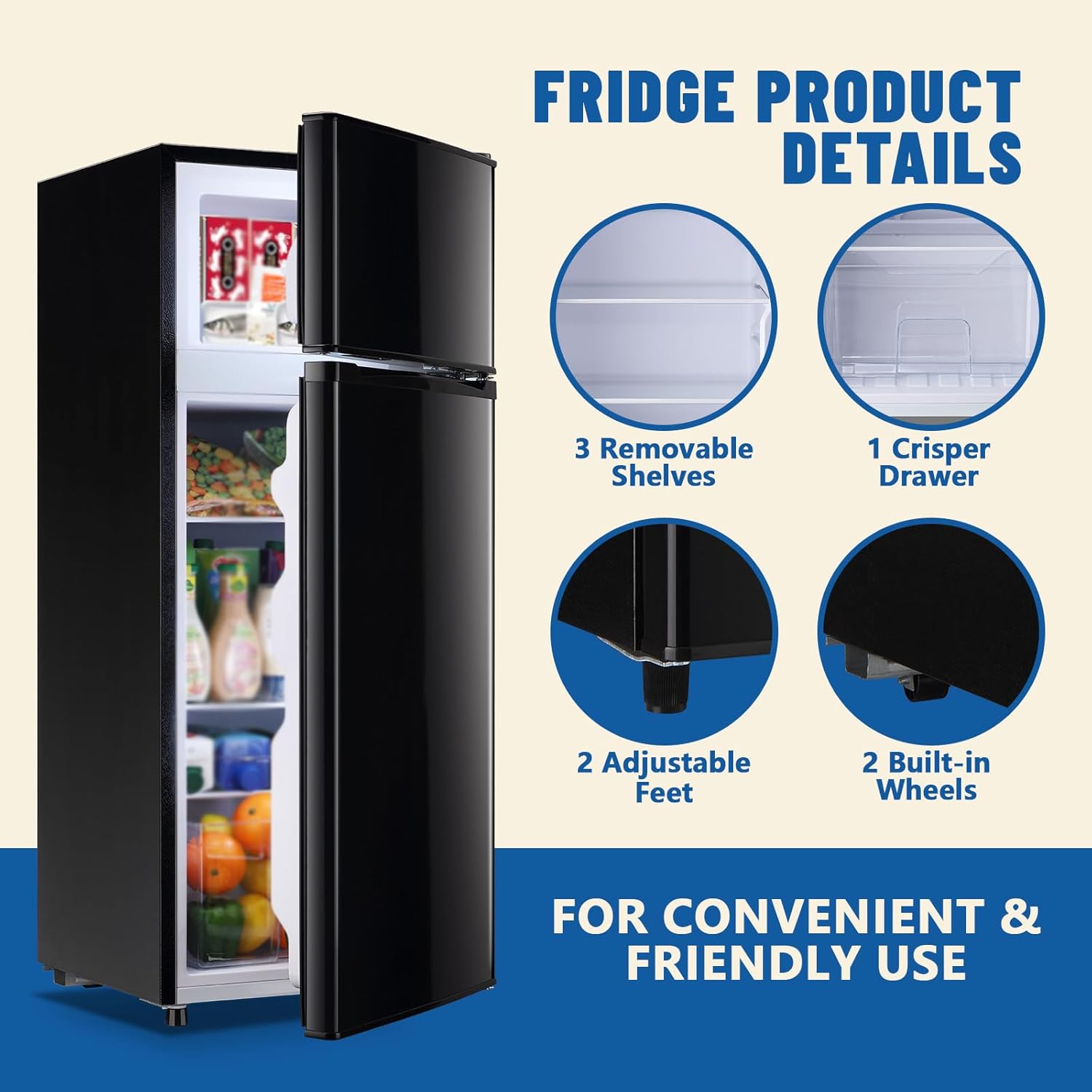 DEMULLER 4.5 CU.FT Capacity Compact Refrigerator with Freezer Double Door Mini Fridge Small Apartment Refrigerator with 7 Adjustable Temp Control & 3 Glass Shelves for Kitchen Office Dorm Black