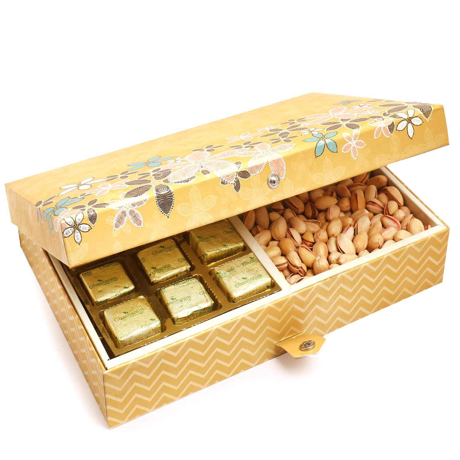 Ghasitaram Gifts Diwali Gifts Diwali Chocolates - Gold 4 Print 12 Pcs Chocolates,Almonds and Pistachios Hamper Box