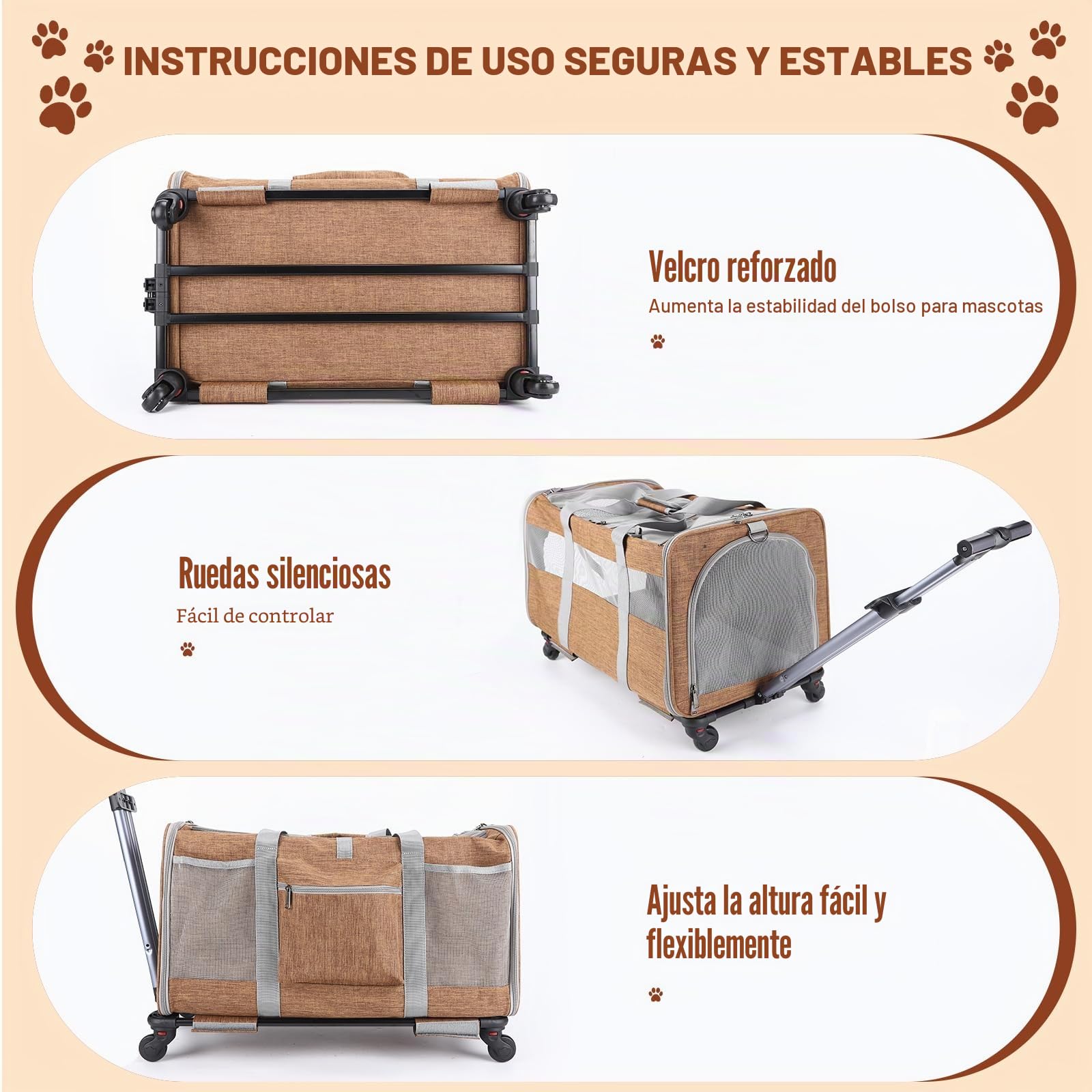 Transportín para gatos con ruedas para 2 gatos, plegable con ruedas para 2 gatos y perros pequeños, transpirable, perfecto para viajes, senderismo, camping, visitas veterinarias, color marrón