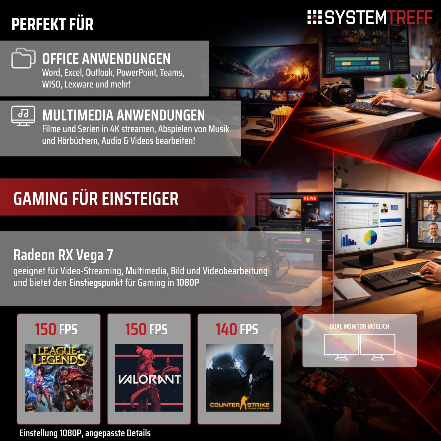 SYSTEMTREFF Basic Gaming Komplett PC Set AMD Ryzen 5 PRO 5655G 6x4.4GHz | AMD RX Vega 7 4K | 512GB M.2 NVMe | 16GB DDR4 RAM | WLAN Desktop Paket Computer für Gamer, Gaming