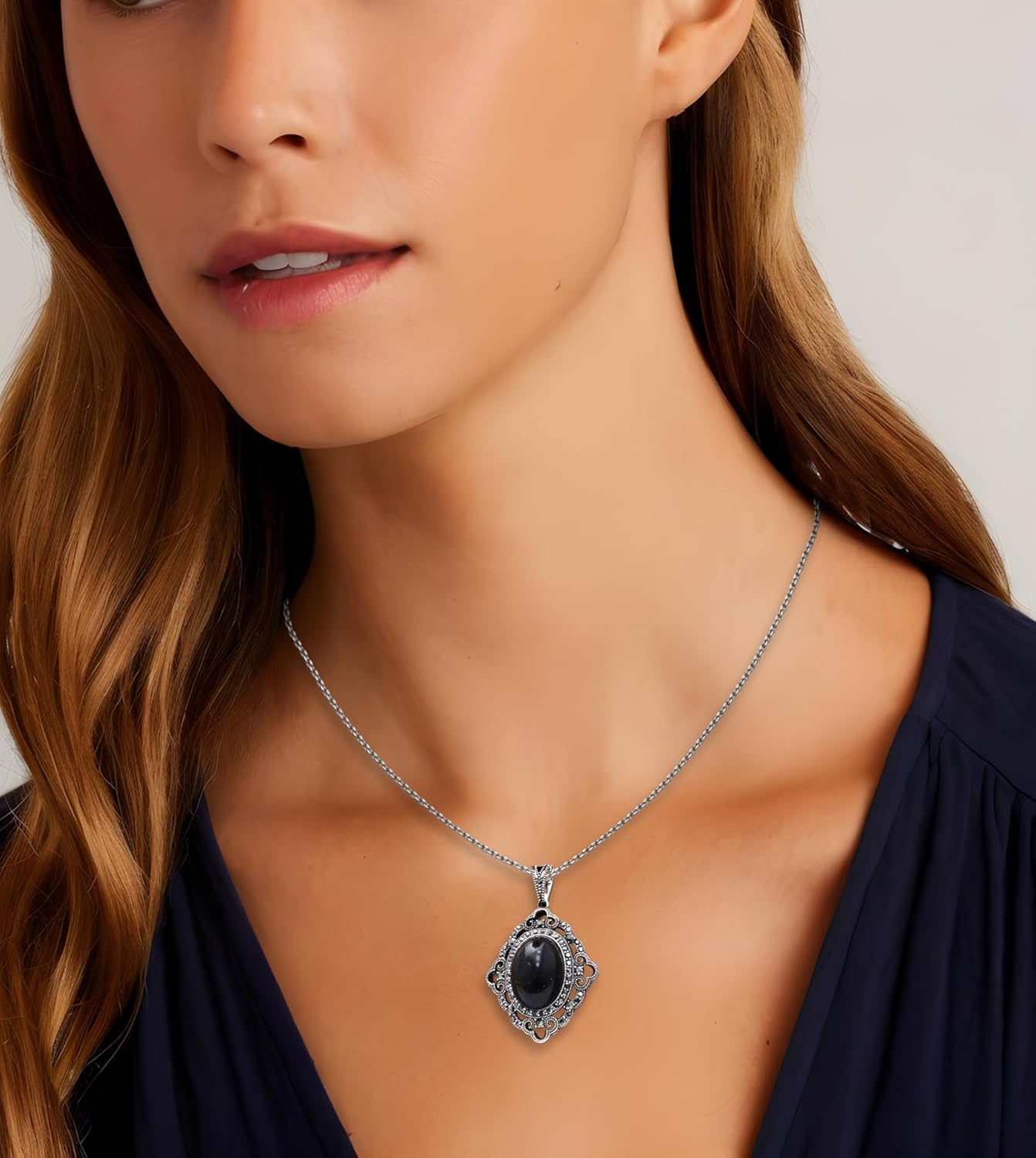 Silver Pendant Necklace for Women, Vintage Black Onyx Gemstone Pendant Necklace Jewelry for Her - Image 2