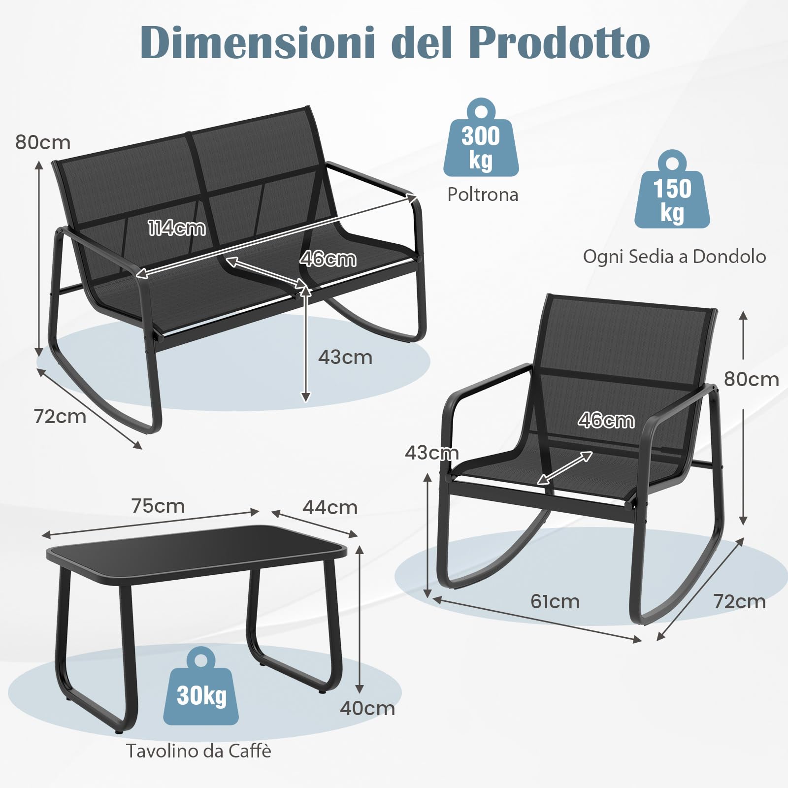 COSTWAY Set da Giardino 4 Pezzi in Tessuto Textilene, Set da Bistrò da Patio, Set tavolo e sedie con Tavolino in Vetro, 2 Sedie e Divanetto a Dondolo, per Giardino Coltile (Nero)