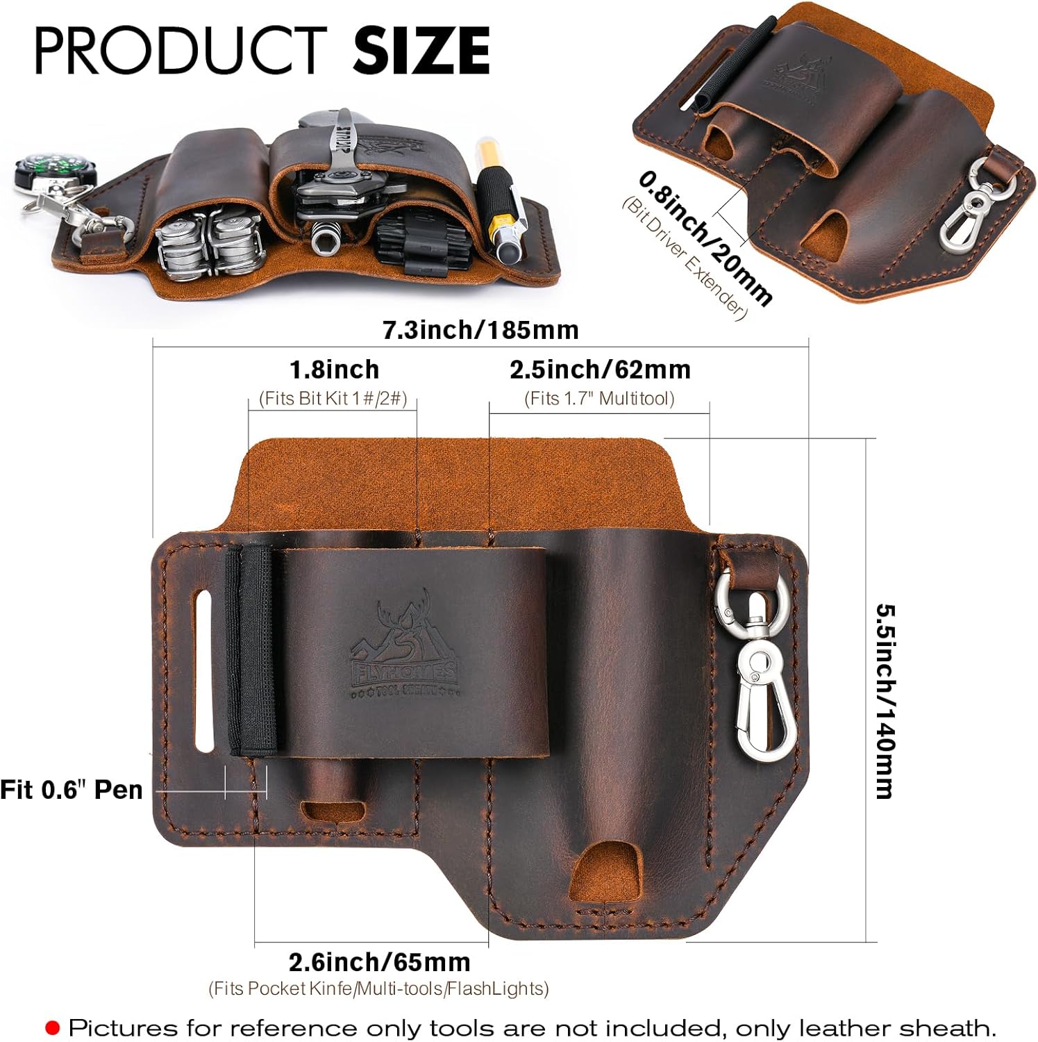 FLYHOMES Genuine Leather Multitool Sheath | Handmade Stitched Belt Organizer for Leatherman Surge | Holds Bit Kit & Extender | Flashlight Holster, Pen & EDC Tools Pouch | Dark Brown - Image 4