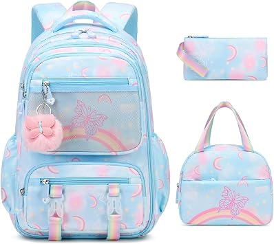 Scothen Backpack for Girls, Rainbow Butterfly Girls Backpacks with Lunch Bag Pencil Case Set, Kids Backpack Kindergarten Elementary Middle School Book Bag for Teen Girl Children Students