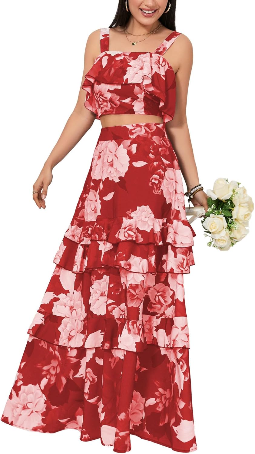 SOMTHRON Women's Summer 2 Piece Outfits Floral Print Strap Crop Tops Tiered Ruffle Skirt Sets Maxi Long Dress