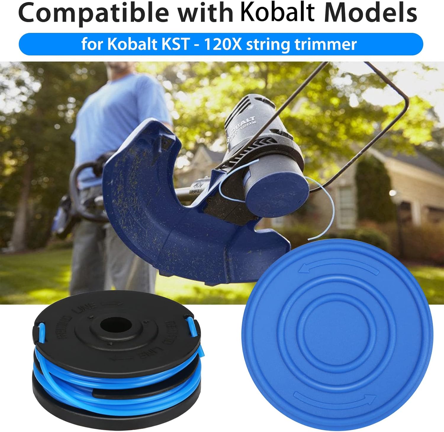THTEN trimmer spool and cap next to a Kobalt string trimmer in use
