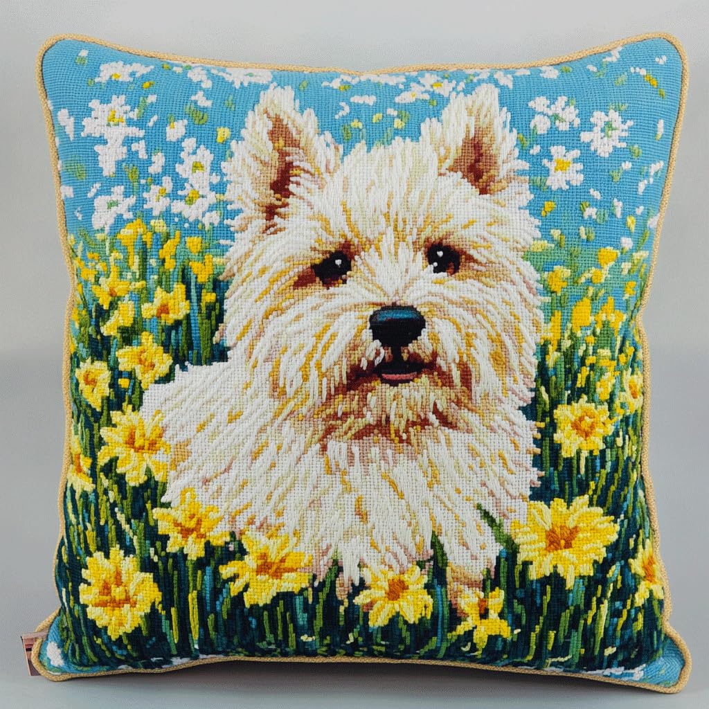 Asonglingo Latch Hook Kits-F Diy Latch Hook Pillow Kits For Adults Pillow Cover With Preprinted Throw Pillowcase Crochet Yarns Embroidery Latch Hooking 17X17inch(Dog In The Flowers)