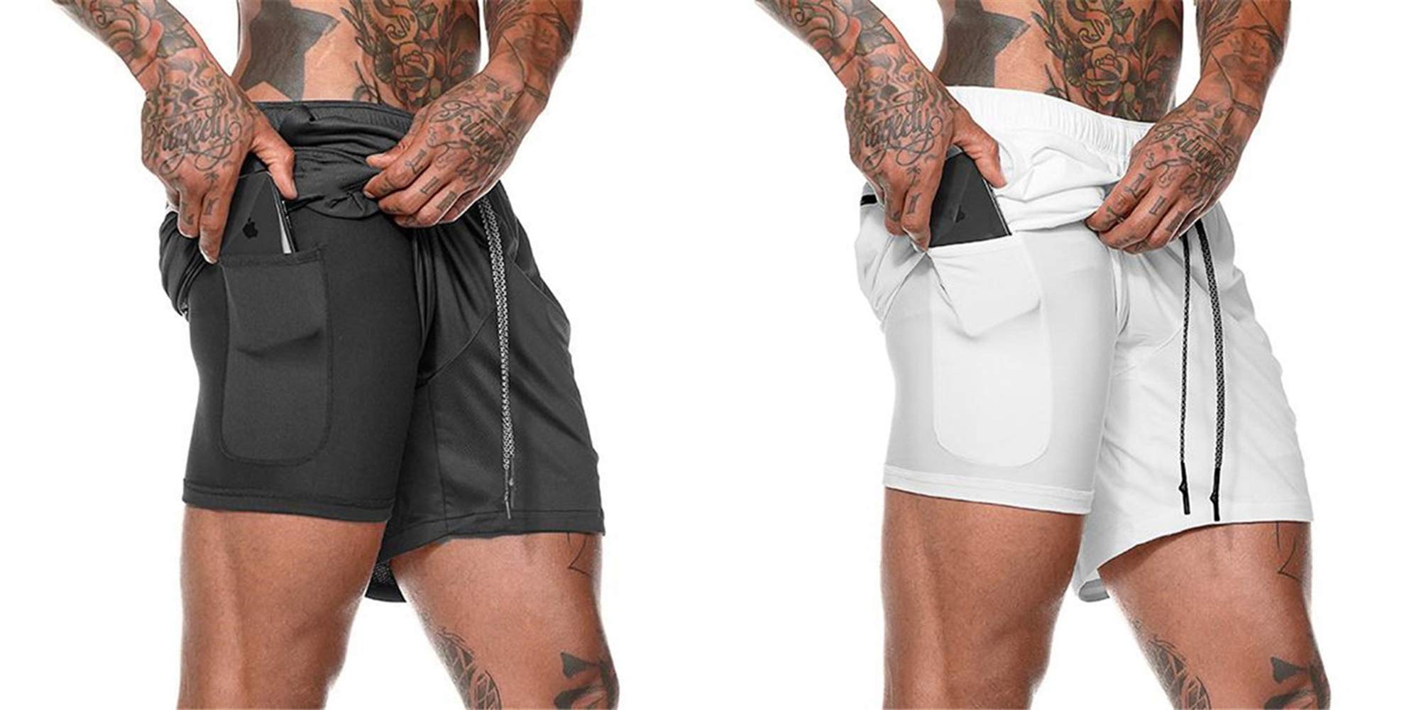 Mens 2 in 1 Shorts Workout Running Gym Athletic Shorts 7 Short with Pockets