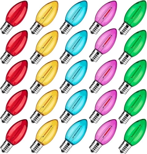 Brightown Paquete de 25 bombillas LED C9 de Navidad, bombillas LED inastillables C9 de colores, repuesto para tiras de luces de Navidad, base