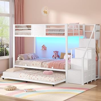 BTHFST Twin Over Twin Bunk Bed with Trundle, Stairs, 6 Drawers, LED Lights | White Twin Over Twin Triple Bunk Beds Full-length Guardrail, Storage Stairs, Metal Bunk Beds for Small Room, Space-saving