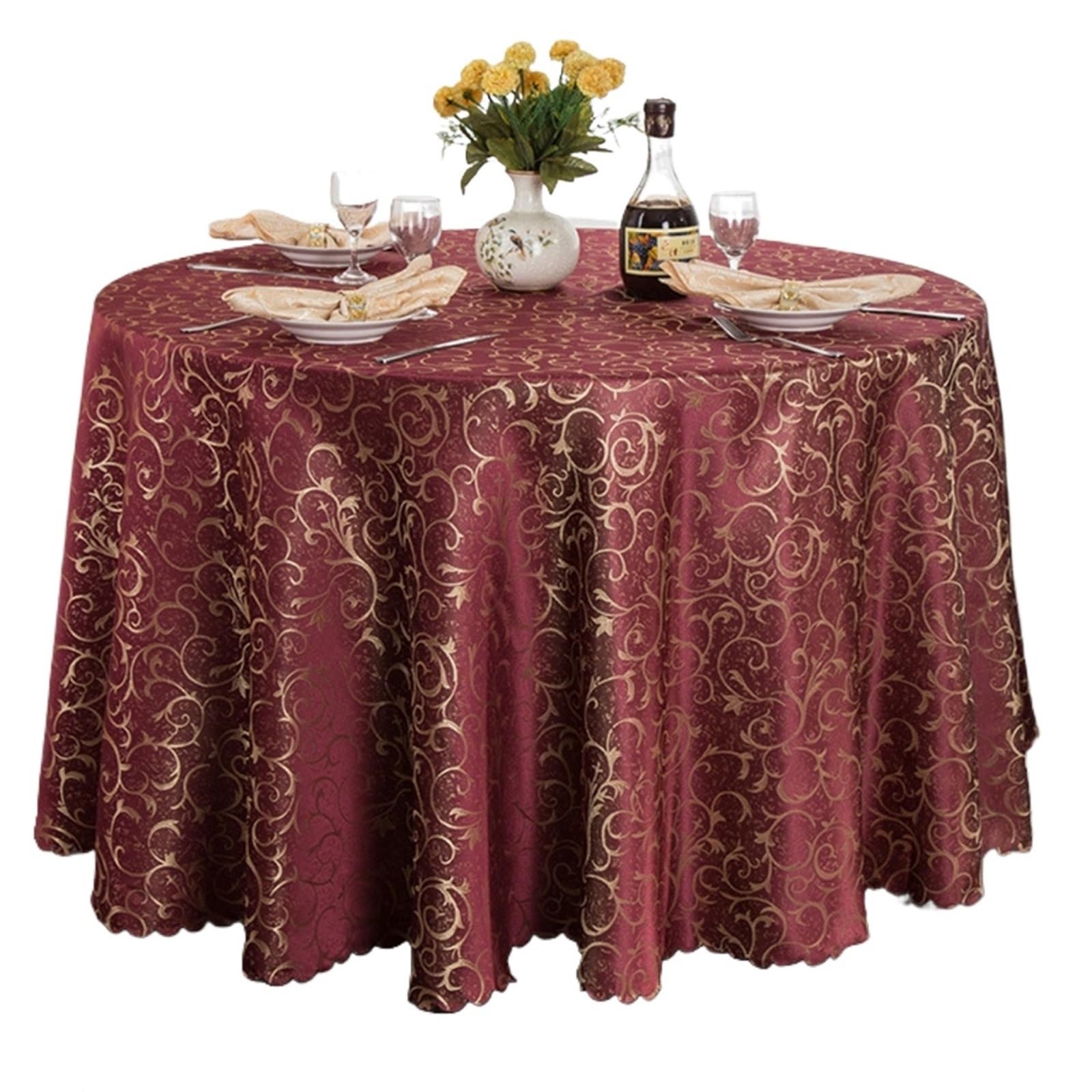 SHENJMAI Round Skirt Tablecloth Circular Hotel Tablecloth Golden Flowers for Wedding Party Decoration Table Skirt Set Restaurant Multipurpose(Burgundy,Diameter 300cm 1pcs)