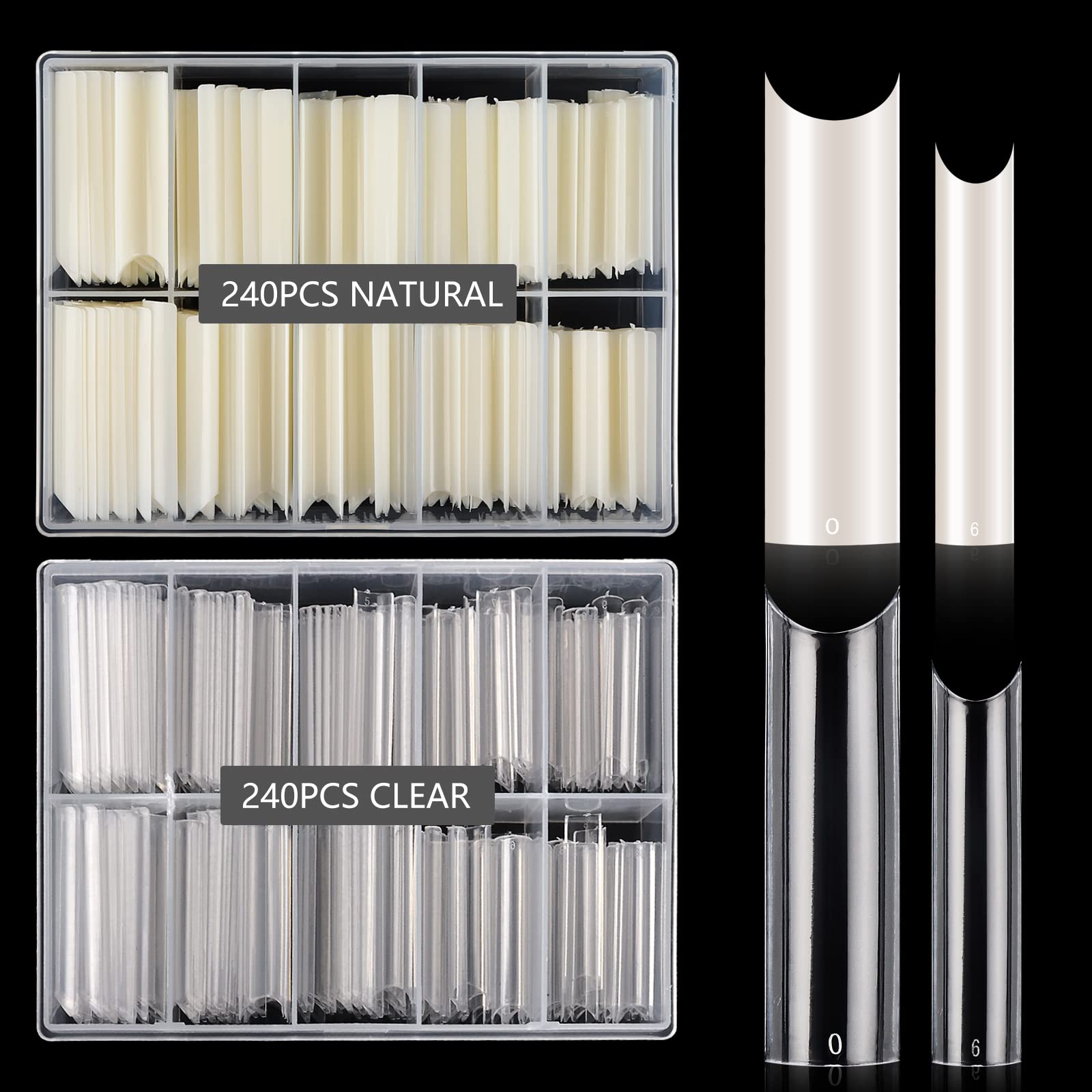 400PCS Extra Long C Curve Nail Tips, 2 Pack Natural and Clear Artificial Acrylic Nail Tips Manicure, 10 Sizes XXL Long Straight Square Shape French Press on False Nail Tips for Nail Art Salon Home DIY