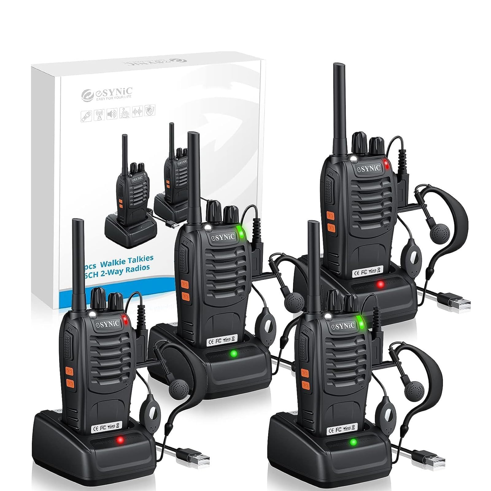 eSynic 4Pack Professional Walkie Talkies for Adults Rechargeable Walkie Talkies 16CH Two Way Radio Hand Free VOX Walkie Talkie With Earpieces& LED Lights Wonderful Gifts For Adults Kids etc