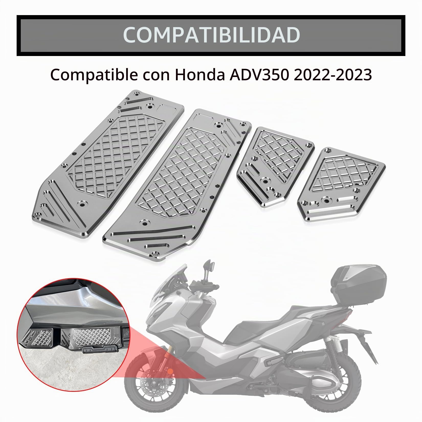 Estriberas Delanteras para ADV 350 2022 2023 2024 2025, PSLER Pedal de Conductor Accesorios Decorativos de Aluminio CNC para Moto(Plata)