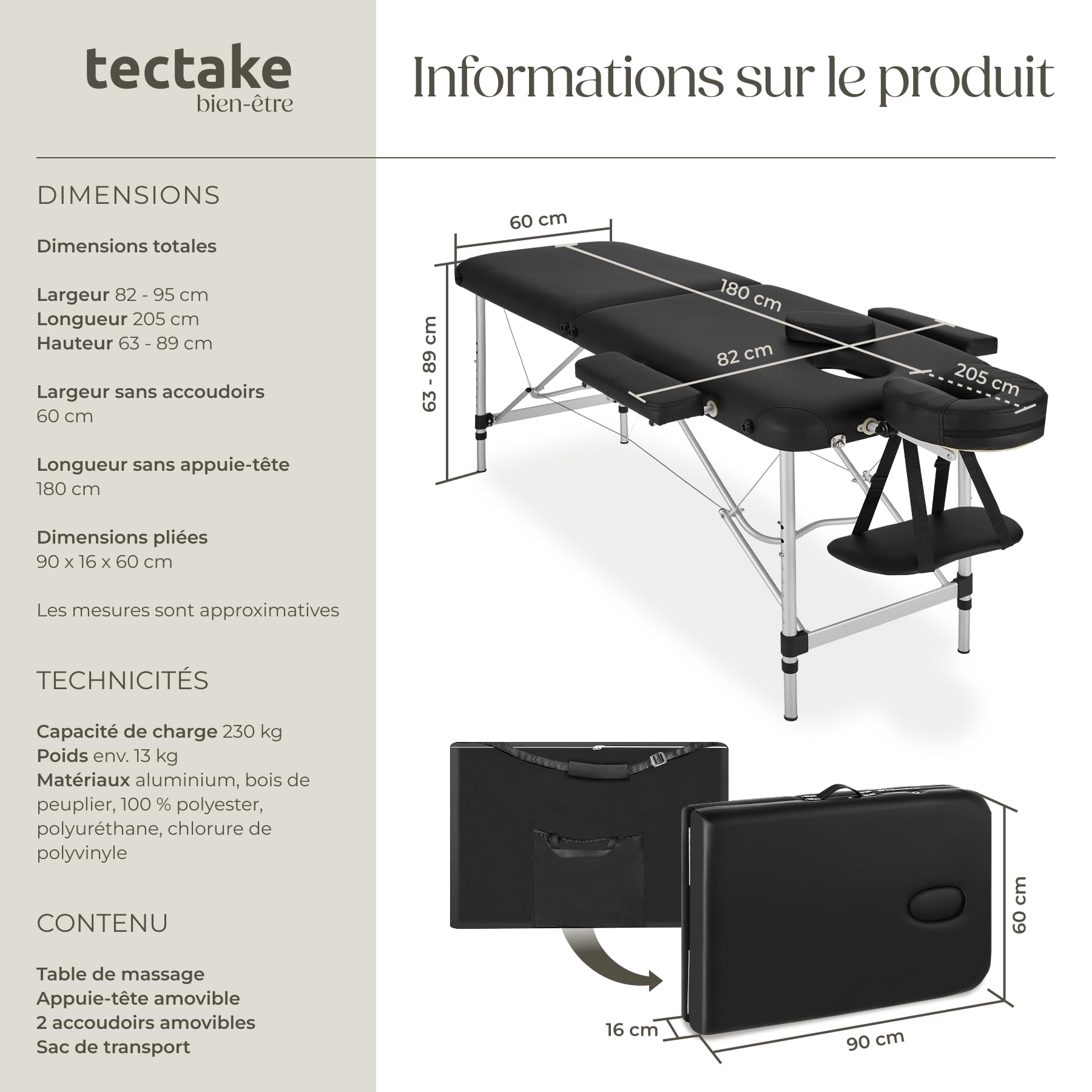 tectake® Table de Massage Pliante Professionnelle 2 Zones Aluminium Cosmetique Lit de Massage Table Esthetique Tatouage Portable avec Repose Bras, Housse de Transport Incluse