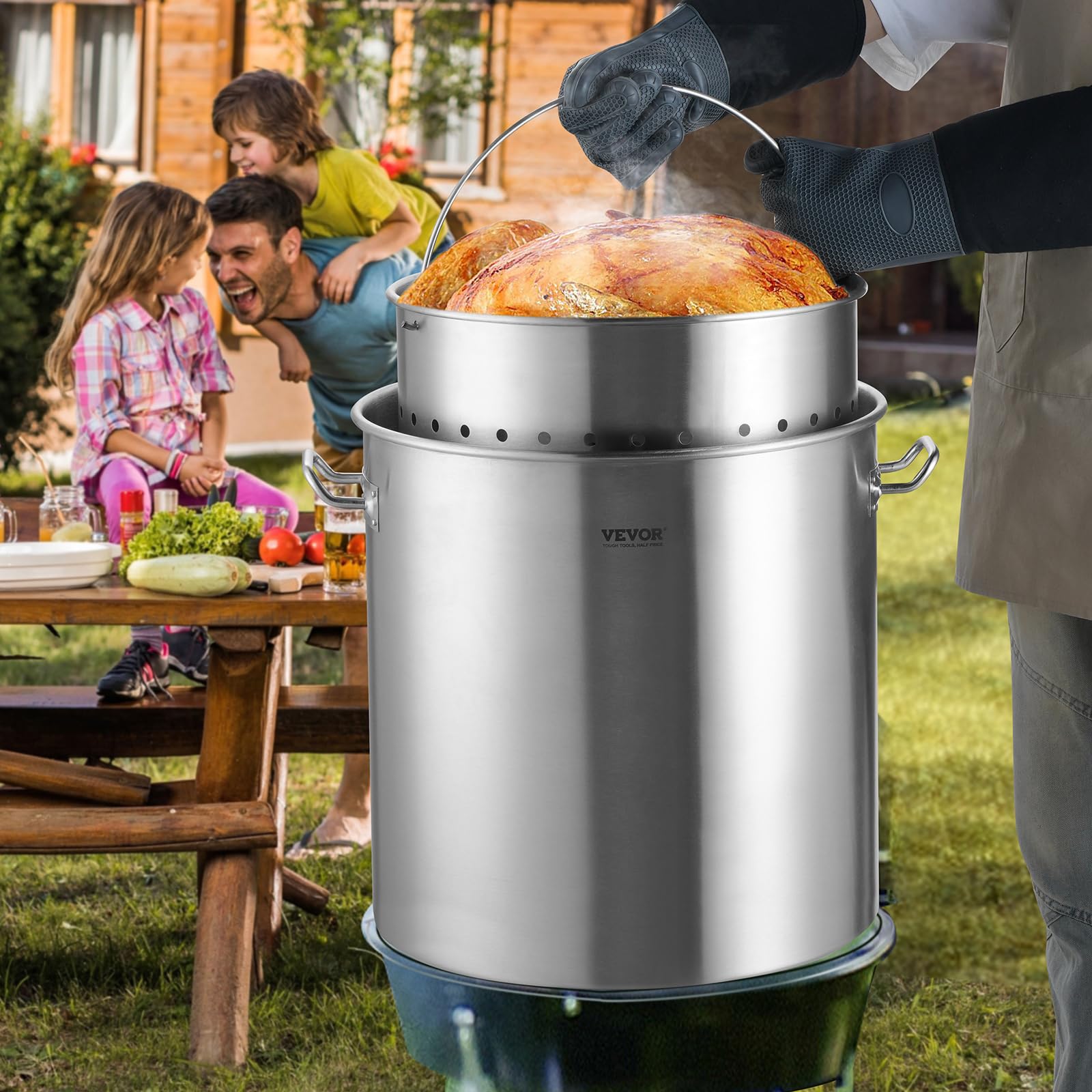 VEVOR Pentola in Acciaio Inox, Pentola per Salse con Cestello 79,5 L, Coperchio e Manico, Trattamento di Macinazione, per Eventi di Grandi Gruppi, Argento