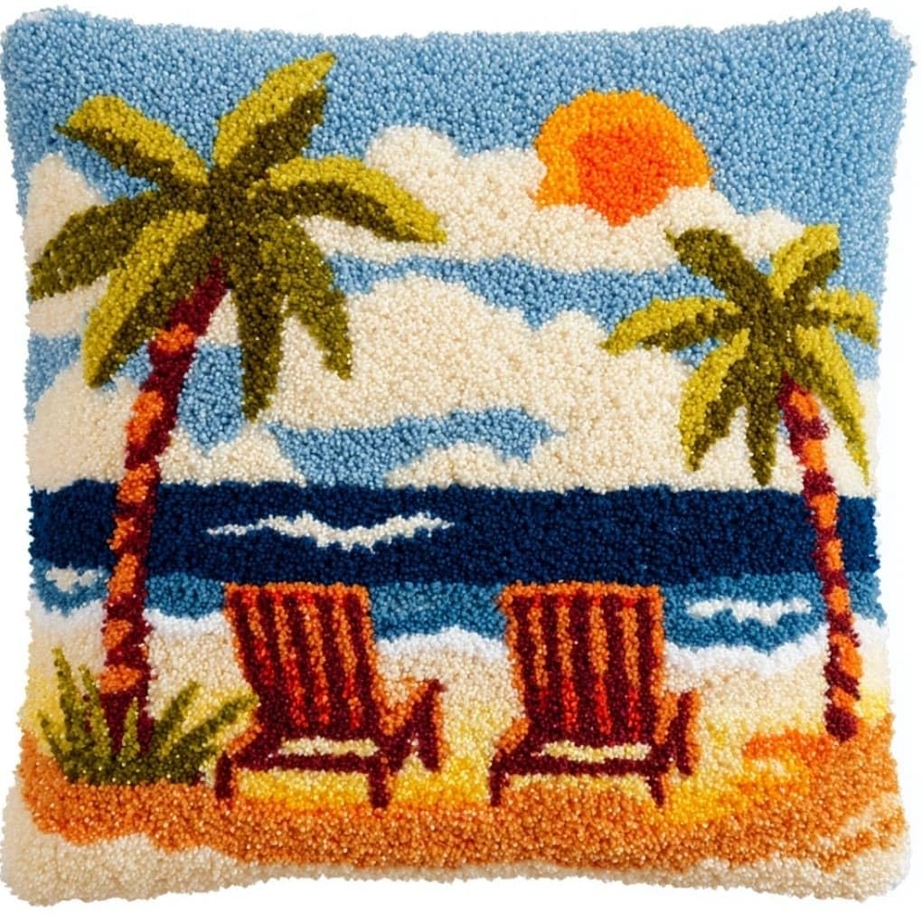 WallustrioaW Latch Hook Pillow Kit -Beach Tree Embroidery Art Craft Kit - All Ages - Unisex - 43X43Cm