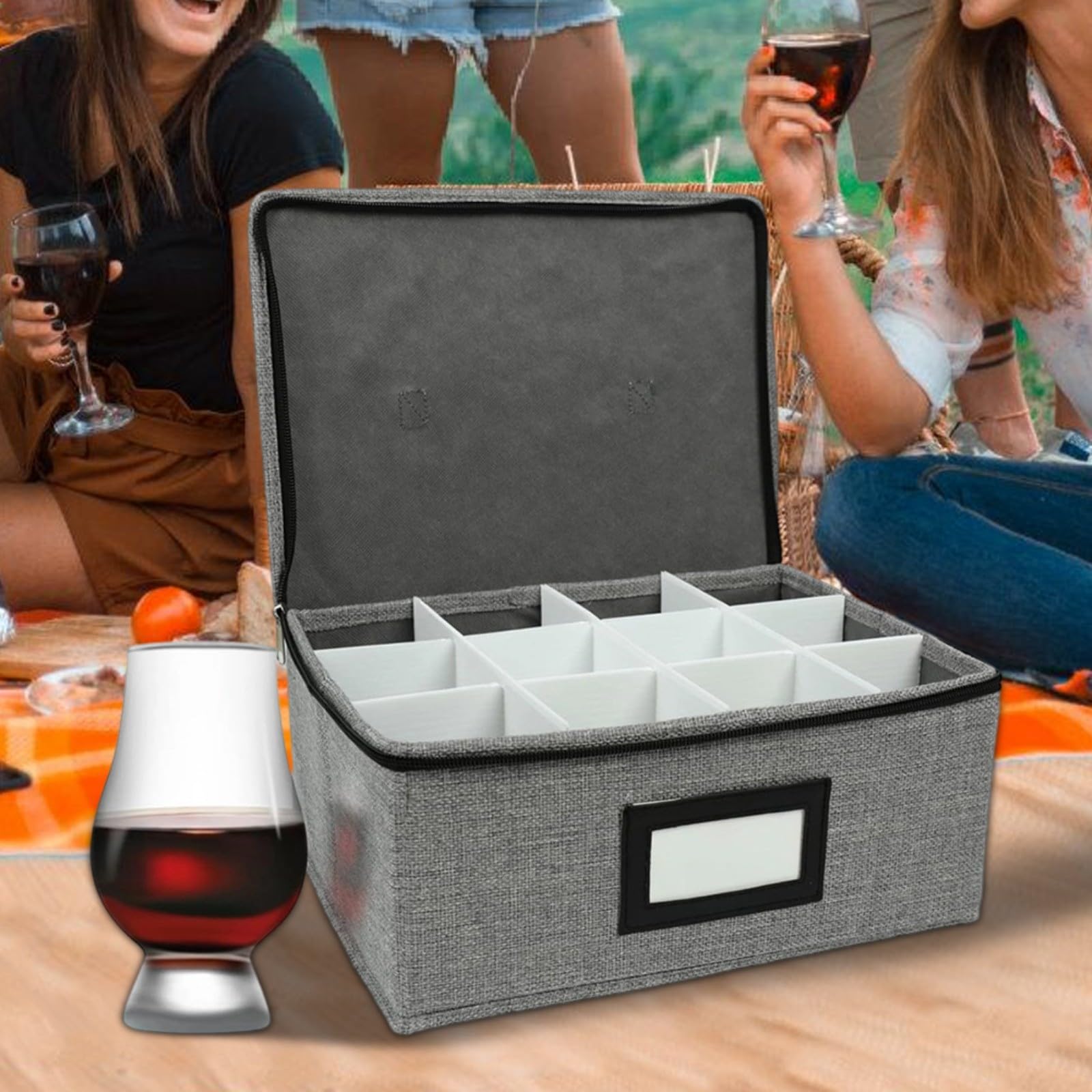 Lot de 2 boîtes de rangement en verre avec 12 compartiments et poignées, empilables, étanches à la poussière, boîte de rangement pour verres à vin avec couvercle pour la cuisine ou la