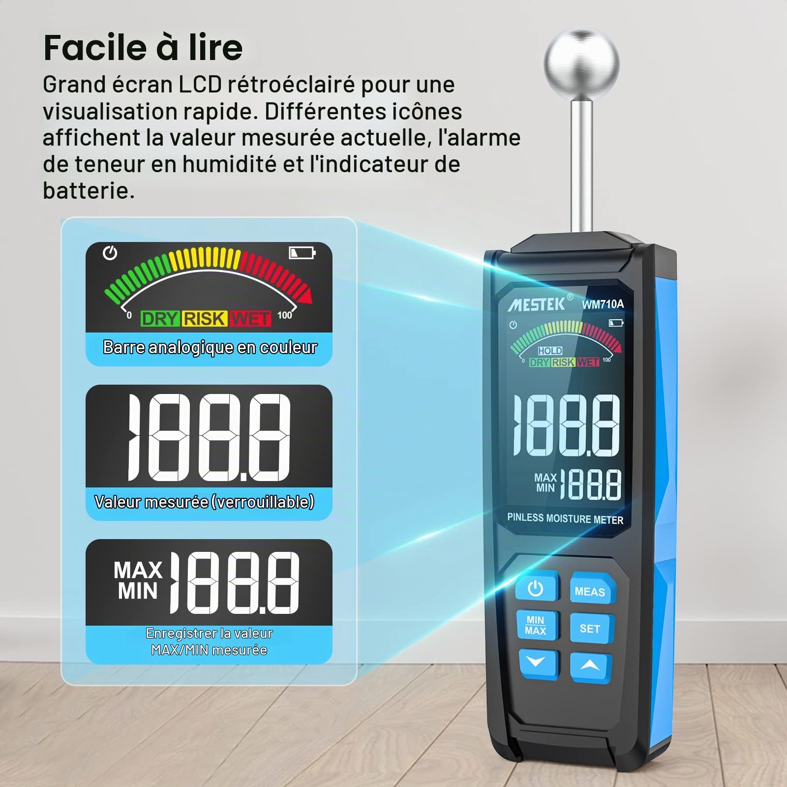 Testeur d'Humidité MESTEK Humidimètre Murs Hygromètre 20-40mm Analyseur d'humidité sans Aiguille Numérique Écran LCD Alarme Fonction Pour Détecteur Bois Murs Maçonnerie Construction Béton Plâtre
