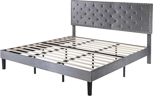 Miniatura 41 de SHA CERLIN Base de cama de terciopelo tamaño Queen con cabecera ajustable, botón de diamante y decoración de remaches, no necesita somier, color