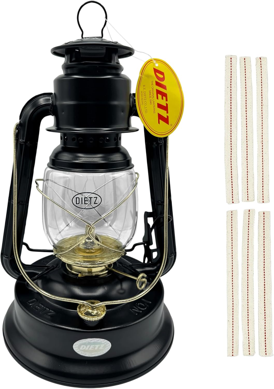 Light of Mine - Dietz #01 Little Wizard Black with Gold Trim Oil Lantern with 5/8" Replacement Wick Strips (#01, B & G)