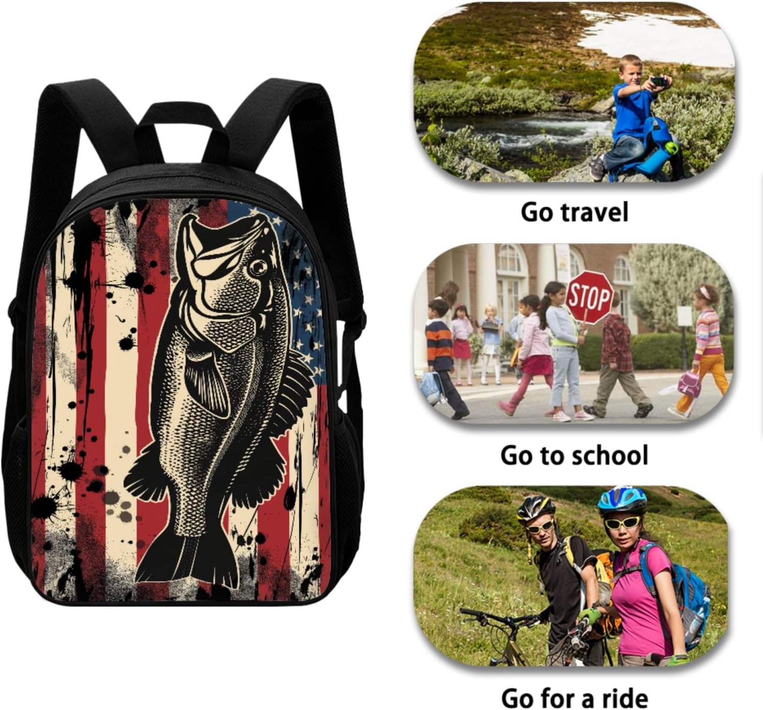 American Flag Fish Print 3 Packs Stylish Students School Bag Set for Kids, Large Capacity Backpack Laptop Daypack Zipper Pencil Case Lunch Bag