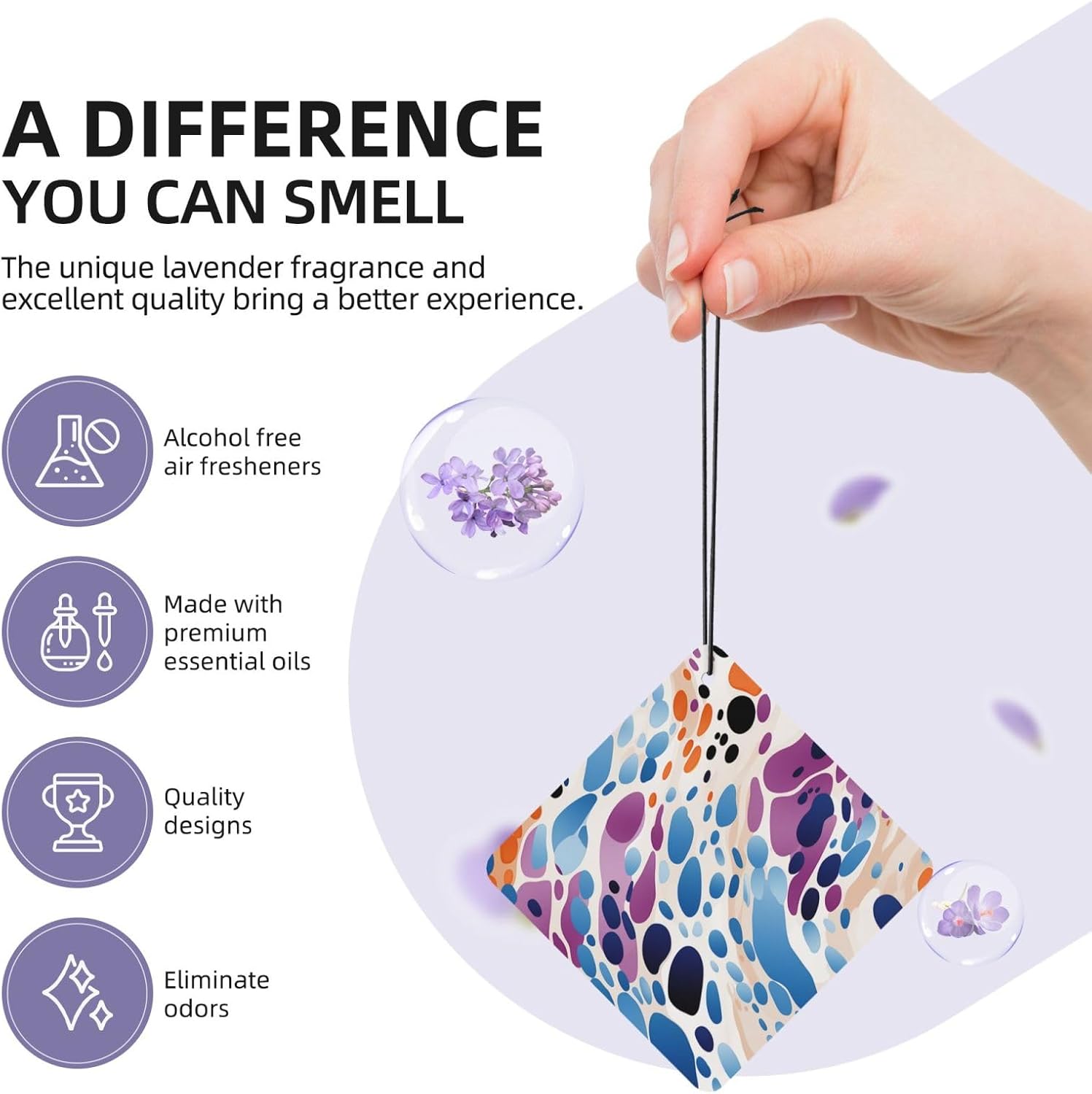 Purple and Blue Spots Car Air Fresheners Cards Set of 4 Pieces, Long-Lasting Auto Aromatherapy Tablets Gifts Car Rearview Mirror Pendant Hanging Scented Cards for Wardrobe Bathroom image 5