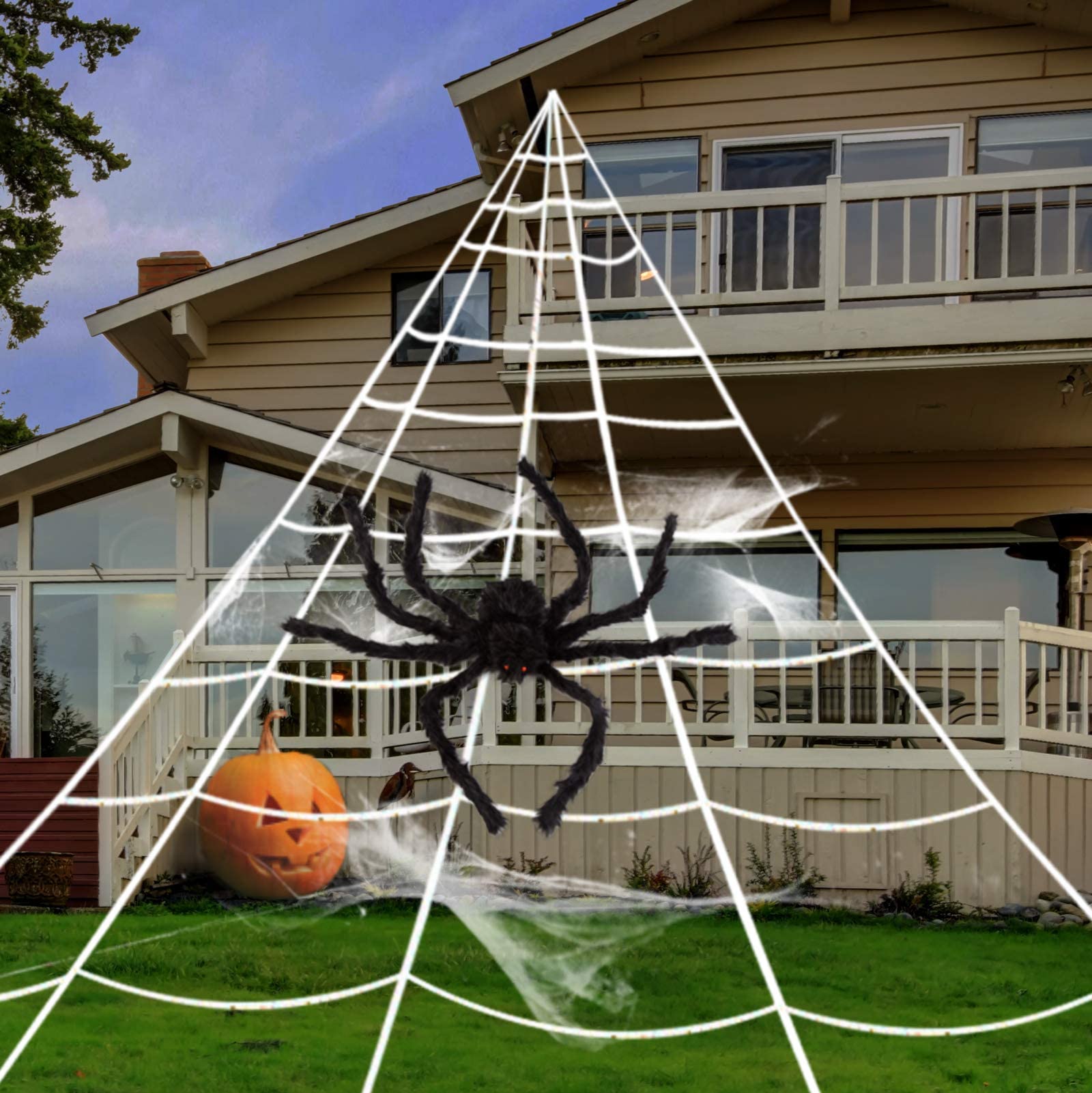 Set Decorazione Halloween Gigante: Ragnatela 7x5,5m, Ragno Nero 150cm E 20 Mini Ragni - Per Esterni E Giardino