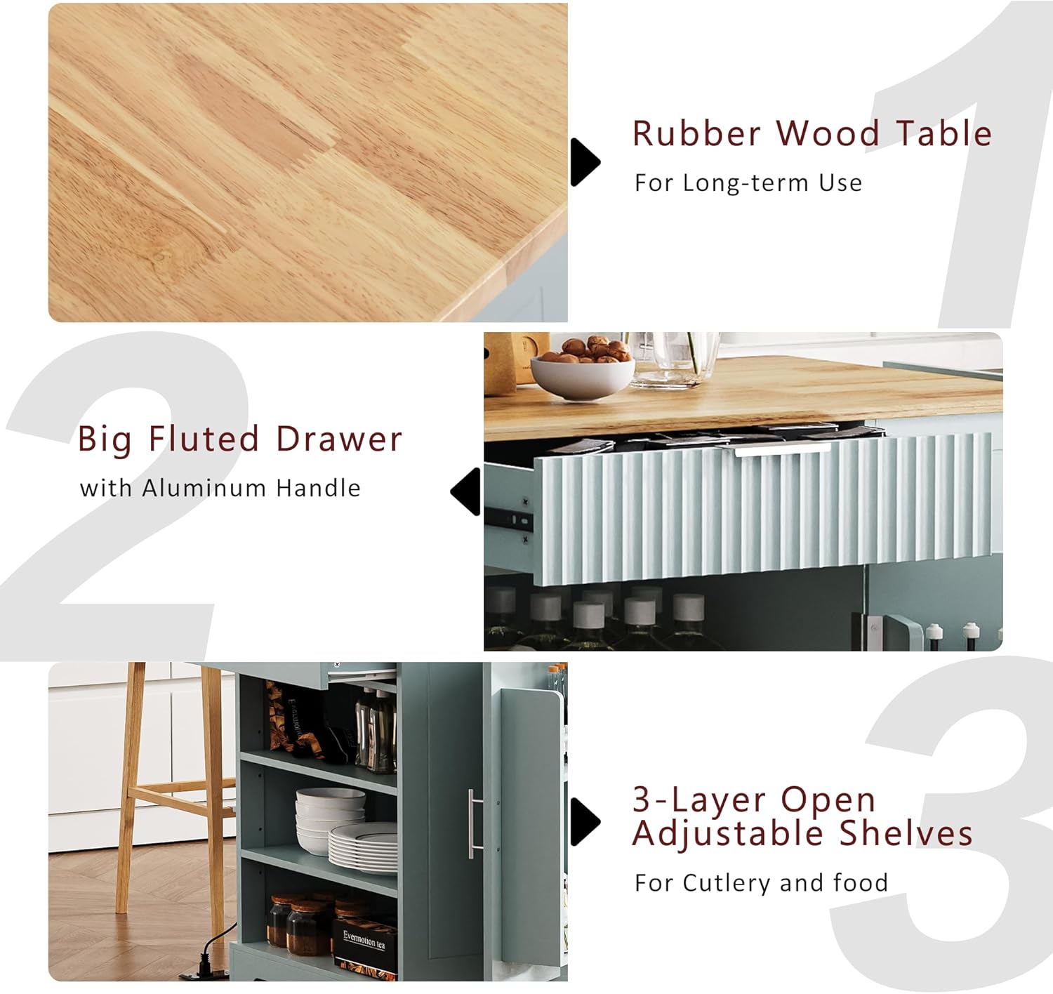 48.5" Rolling Kitchen Island with Power Outlet & Drop Leaf, Fluted Kitchen Cart with Trash Can Storage Cabinet for 10 Gallon Bin, Mobile Island Table with 3 Storage compartment & Internal Racks