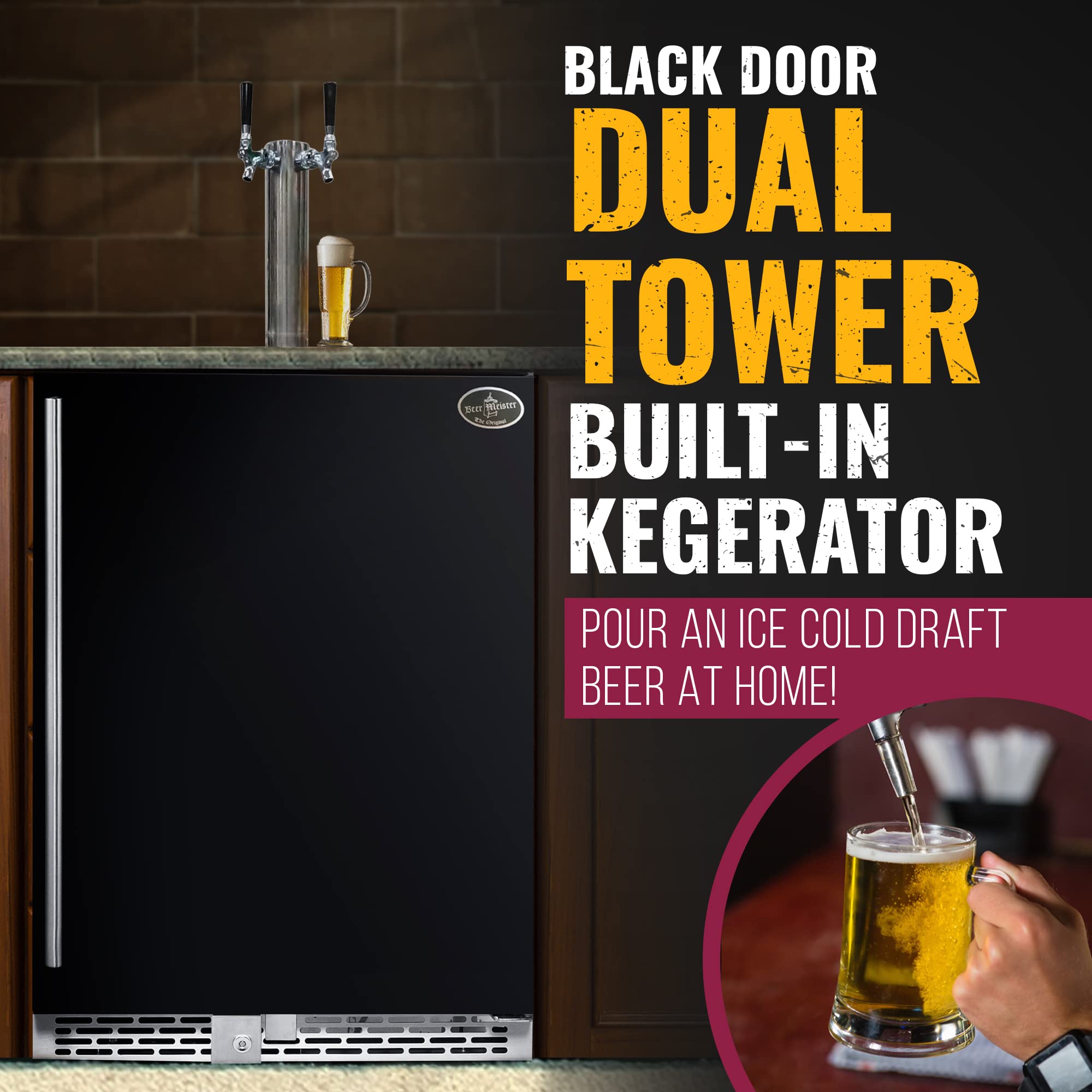 Beer Meister - Beer Kegerator, Draft Beer Dispenser For Home Bar, Beer, Wine, & Bar Soda Dispenser System, Dual Tower w/Black Stainless Door, Built-in Premium Series, 24.88 x 23.88 x 34.38 inches on Fridge.com