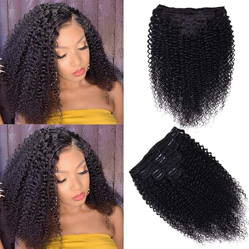 Extensiones de cabello humano rizado con clip, 3C 4A, rizado con clip, cabeza completa, para mujeres negras, cabello humano brasileño Remy, color